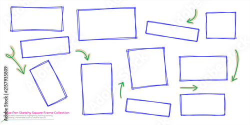 Blue pen hand drawn square frame collection with rough sketch lines, irregular borders, arrows, and casual doodle elements