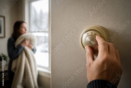 Hand adjusting thermostat as woman holds blanket for warmth in cozy home during winter.