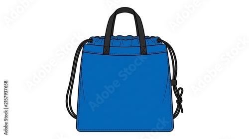 Blue drawstring tote bag flat sketch vector illustration template, apparel technical drawing isolated on white, sport cinch bag with handles mockup for fashion design and manufacturing