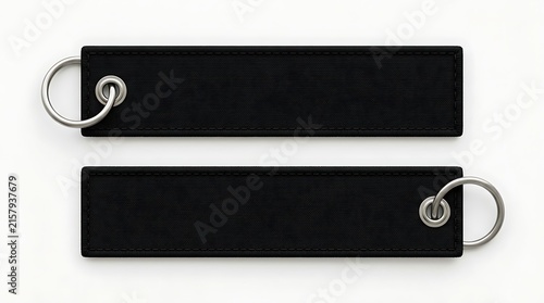 Blank Black Fabric Keychain Mockup, Two Realistic Flight Tags with Silver Metal Rings and Grommets, Embroidered Ribbon Luggage Tag Isolated on White Background for Branding.