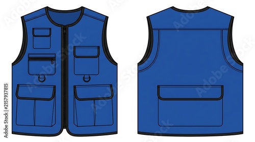Blue Multi-Pocket Utility Cargo Vest Technical Flat Sketch Vector Illustration, Front and Back View Safety Workwear Waistcoat Mockup for Fishing, Photography, or Construction Apparel Design.