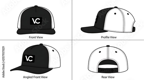 Trucker Hat Vector Mockup Set, Black and White Mesh Cap Template with Front Profile Angled and Rear Views for Apparel Branding and Logo Design, Isolated Illustration on White Background