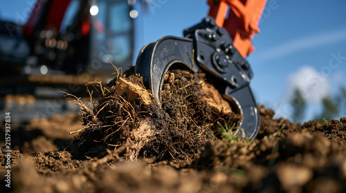 Low-angle stock photograph capturing a heavy excavator equipped with a hydraulic stump grabber (корчеватель). The powerful iron jaws fully uproot a massive tree stump with its comp