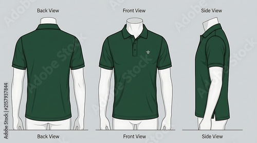 Dark Green Men's Polo Shirt Mockup with Front, Back, and Side Views, Vector Illustration for Apparel Design and Clothing Branding Templates Isolated on Grey Background