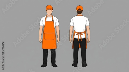 Male Staff Uniform Mockup with Orange Apron White T-shirt and Cap Vector Illustration Front and Back View for Corporate Branding and Workwear Design Template isolated on grey background