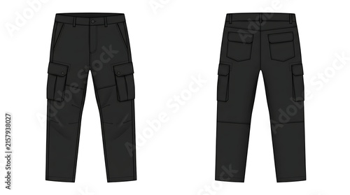 Black Cargo Pants Technical Fashion Illustration Vector Flat Sketch, Front and Back View Tactical Trousers with Utility Pockets isolated on White Background for Apparel Design Tech Packs
