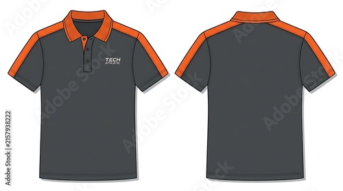 Charcoal Grey and Orange Polo Shirt Technical Illustration, Vector Sportswear Team Uniform Template Front and Back View, Professional Workwear Fashion CAD Drawing Mockup isolated on white.