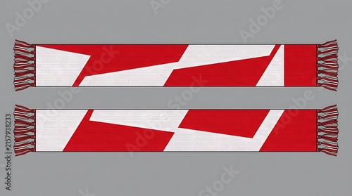 Red and White Sports Fan Scarf Vector Illustration Template with Geometric Pattern and Knitted Texture for Soccer Football Fans Merchandising Mockup Isolated on Gray Background