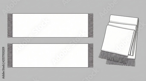 Winter Knit Scarf Flat Sketch Fashion Technical Drawing Template, White Blank Scarf Mockup with Tassels for Tech Pack and Apparel Design Illustration Isolated on Gray Background