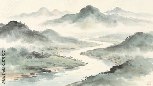 Abstract Misty River Hills, Asian Cultural Heritage.