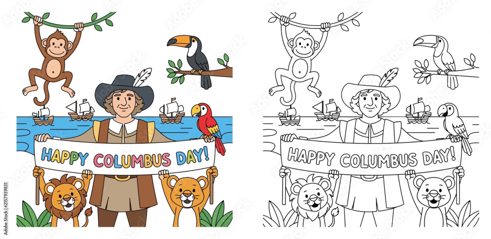 Obraz premium Happy Columbus Day Coloring Page with Explorer Holding Banner and Cute Animals