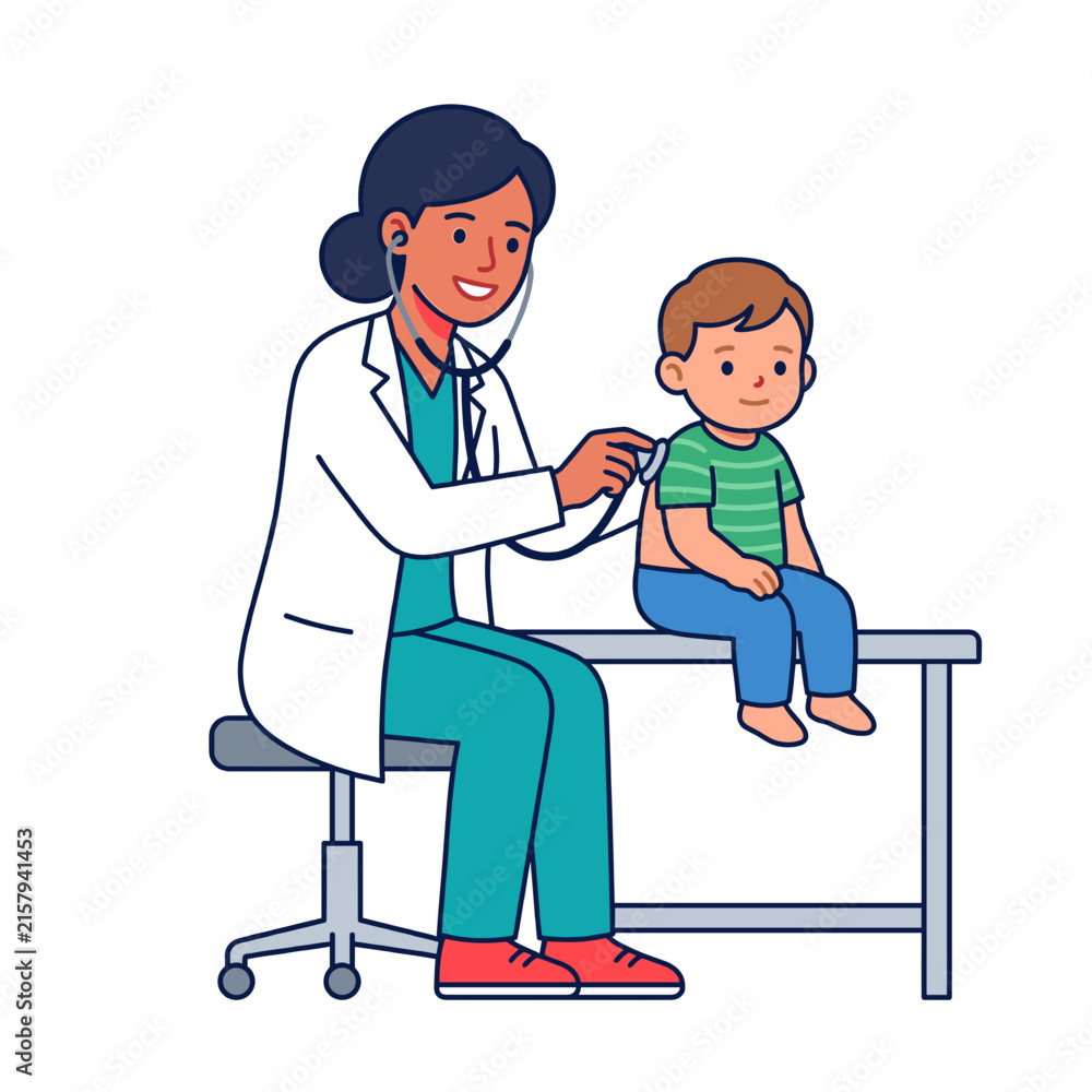 Fototapeta premium Female doctor examining a young child with a stethoscope in a medical clinic office.