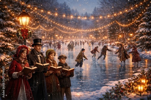 Victorian winter ice skating scene.