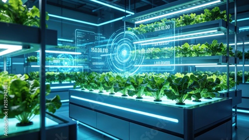 Futuristic Indoor Vertical Farm, Holographic Agritech Data.