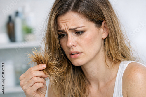 Distressed woman examining her skin