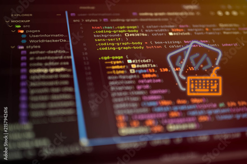 Web development concept with glowing coding and keyboard icons over colorful source code, representing programming, software engineering, developer workflow, frontend technology.
