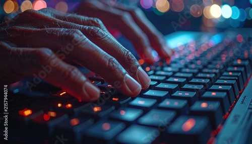 カラフルな光に照らされた手でメカニカルキーボードをタイピングするクローズアップ