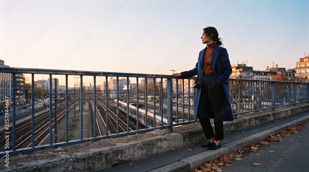 Fototapeta premium Commuter pauses above rail lines in autumn light