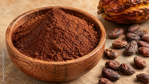 Natural Cocoa Powder in Wooden Bowl With Cacao Beans for Chocolate and Baking