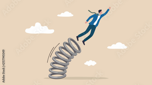 Bild auf Leinwand A businessman in a blue suit leaps into the air from a large grey metal spring,