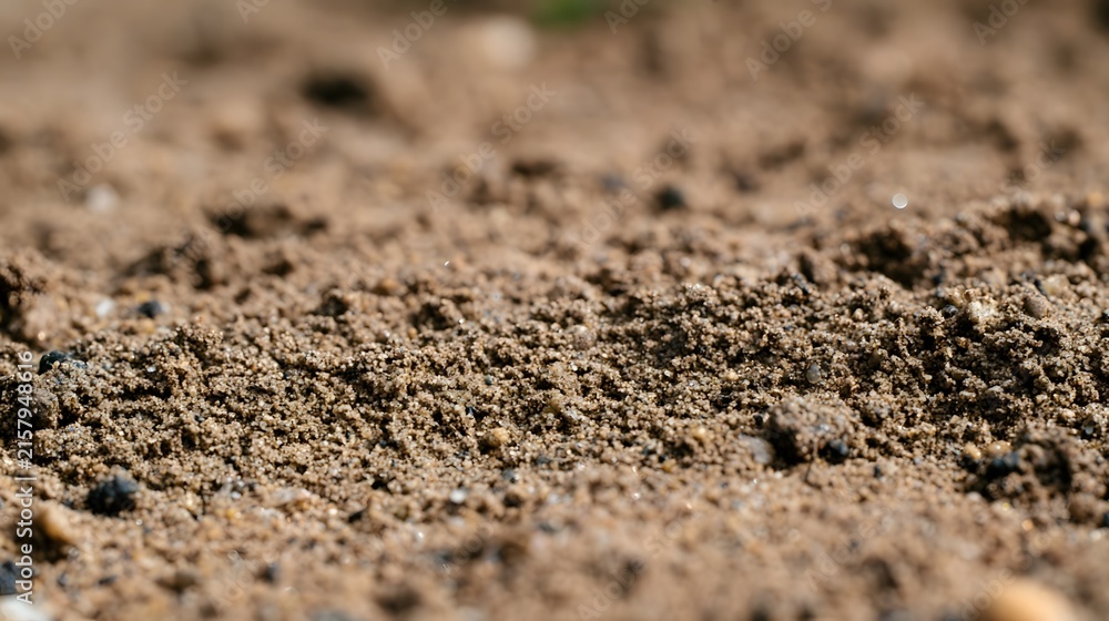 Naklejka premium Close up of textured sandy soil surface under natural sunlight with scattered small pebbles and subtle moisture highlights