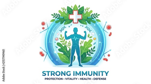 Strong immunity concept with human silhouette and natural herbal shield protection icon