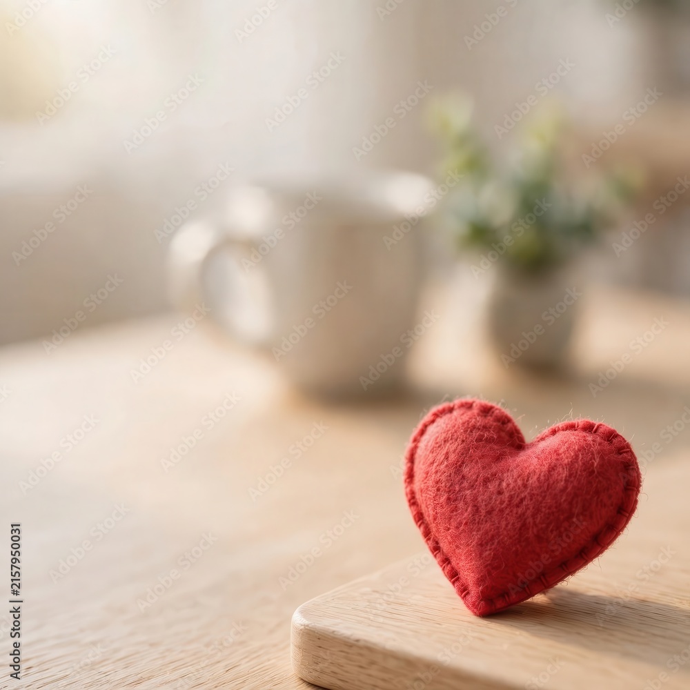 Fototapeta premium Red felt heart on a wooden table, World Heart Day concept, symbol of love and compassion for healthcare awareness and emotional wellness campaigns