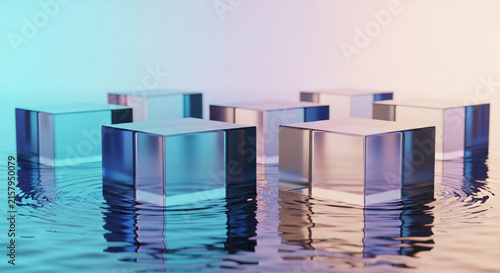 Abstract Glass Cubes in Water with Teal and Pink Lighting