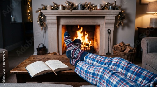 Cozy winter evening with feet up by the warm fireplace and open book