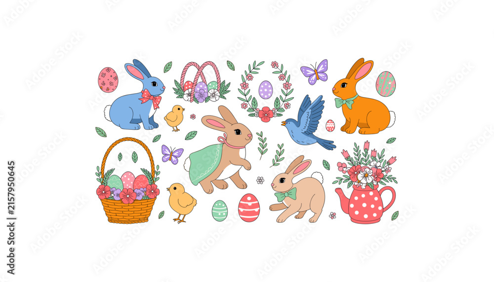 Naklejka premium Cute Easter Bunny, Chick, Bird, Butterfly, Floral Basket and Colorful Egg Collection for Spring Holiday, Greeting Cards, Nursery and Seasonal Designs
