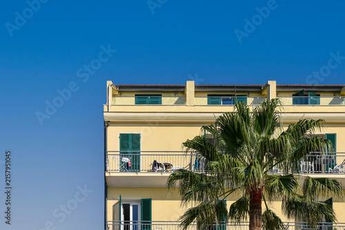 Traditional holiday building facade with green shutters and palm tree under a clear blue sky in Alassio, Liguria, Italy