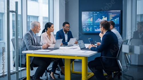 Diverse professional group reviewing data analytics and business strategy during a high-level corporate meeting