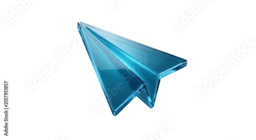 Blue three dimensional paper airplane with sharp folded form representing send message and digital communication isolated on transparent background for web advertising and presentation design