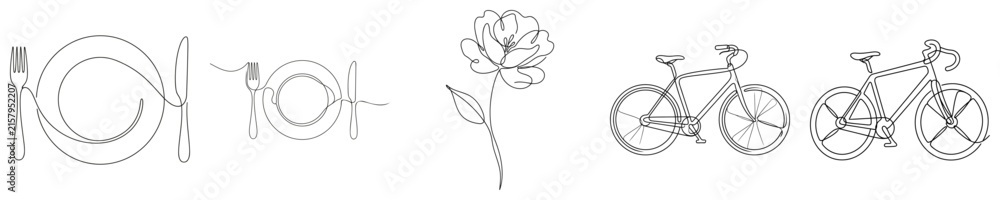 Obraz premium Line art illustrations of dining floral and bicycle subjects on a white background