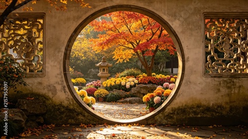 Classic Chinese Moon Window, Harmonious Autumn Garden Heritage.