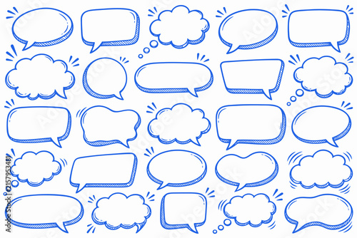 Blue Hand Drawn Speech Bubble Set with Comic and Thought Callouts