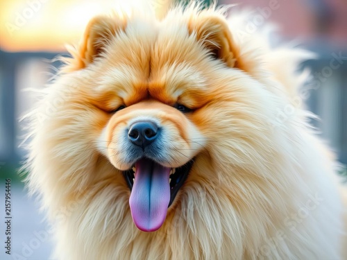 Furry Chow Chow dog with distinctive blue-black tongue and plumed tail, tail, tongue