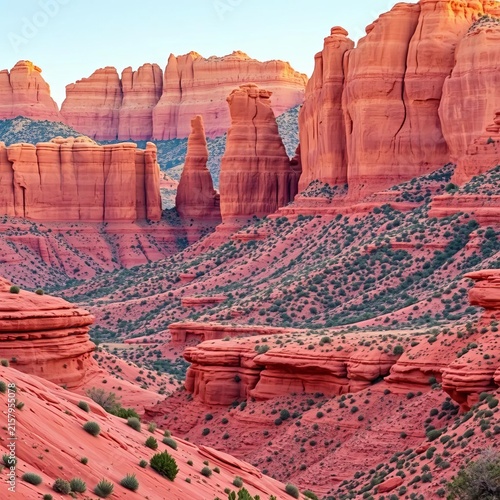 Red rock formations rise dramatically from the landscape, scenic views, Nord-Corse