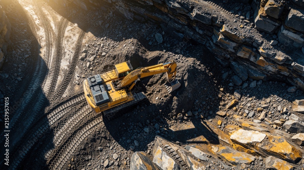Obraz premium Yellow excavator operates in open pit mine. Heavy machinery digs earth and rocks, creating tire tracks on barren ground. Aerial drone shot shows industrial excavation site.