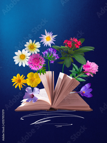 Flowers, open books over abstract background. Contemporary art collage. Concept of education, reading, knowledge