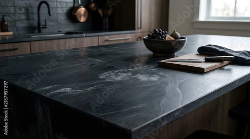 Dark gray natural stone countertop in modern kitchen with subtle white veining and black faucet design.