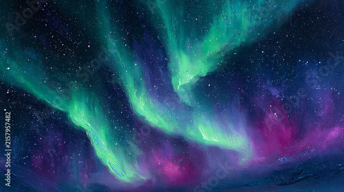 Expressive Oil Painting of Glowing Green and Purple Aurora Borealis in Night Sky