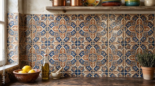 Vibrant kitchen backsplash with intricate Spanish inspired blue and brown pattern tiles.