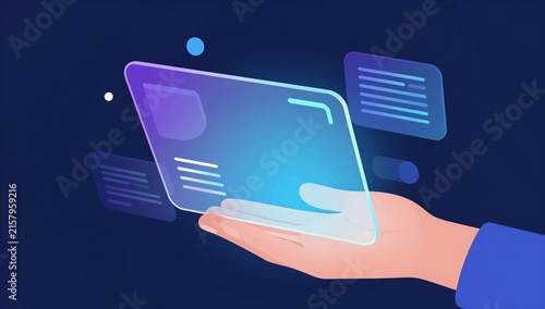 Hand holding a transparent digital tablet with floating text elements  