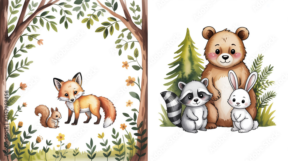 Naklejka premium Close-up of a detailed watercolor illustration of a red squirrel perched on a tree branch surrounded by blooming flowers and green foliage