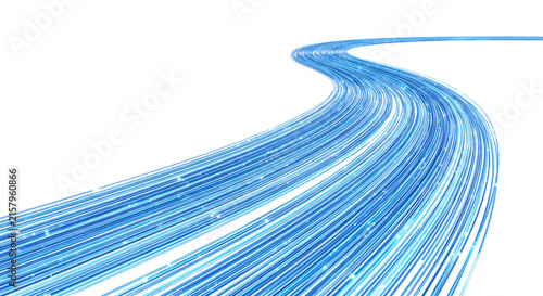 Curved blue digital data highway made of luminous parallel lines in perspective, isolated on transparent background for technology, speed, data flow, future networks and digital transformation