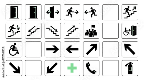 Emergency Exit Icons with Fire Safety and Evacuation Signs