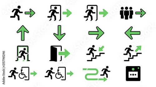 Emergency Exit and Evacuation Icon Set with Directional Arrows