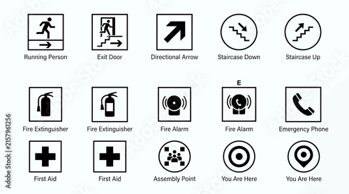 Emergency Safety Icon Set with Exit and Fire Alarm Vector Signs