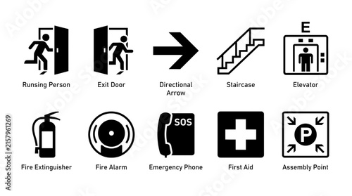 Emergency Exit Fire Safety and Evacuation Signage Icon Set